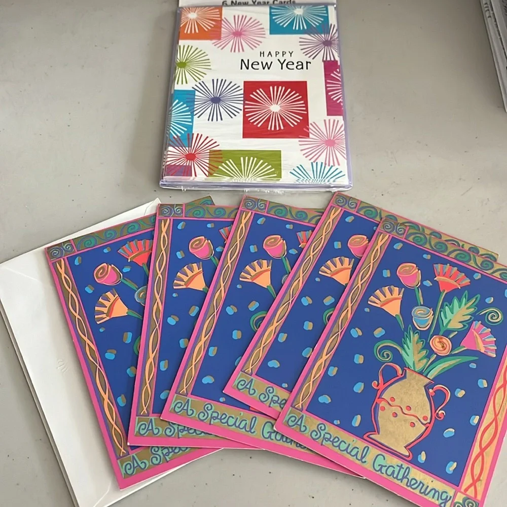 Hallmark 6 new year cards unopened and 5 special gathering cards/party info-pics